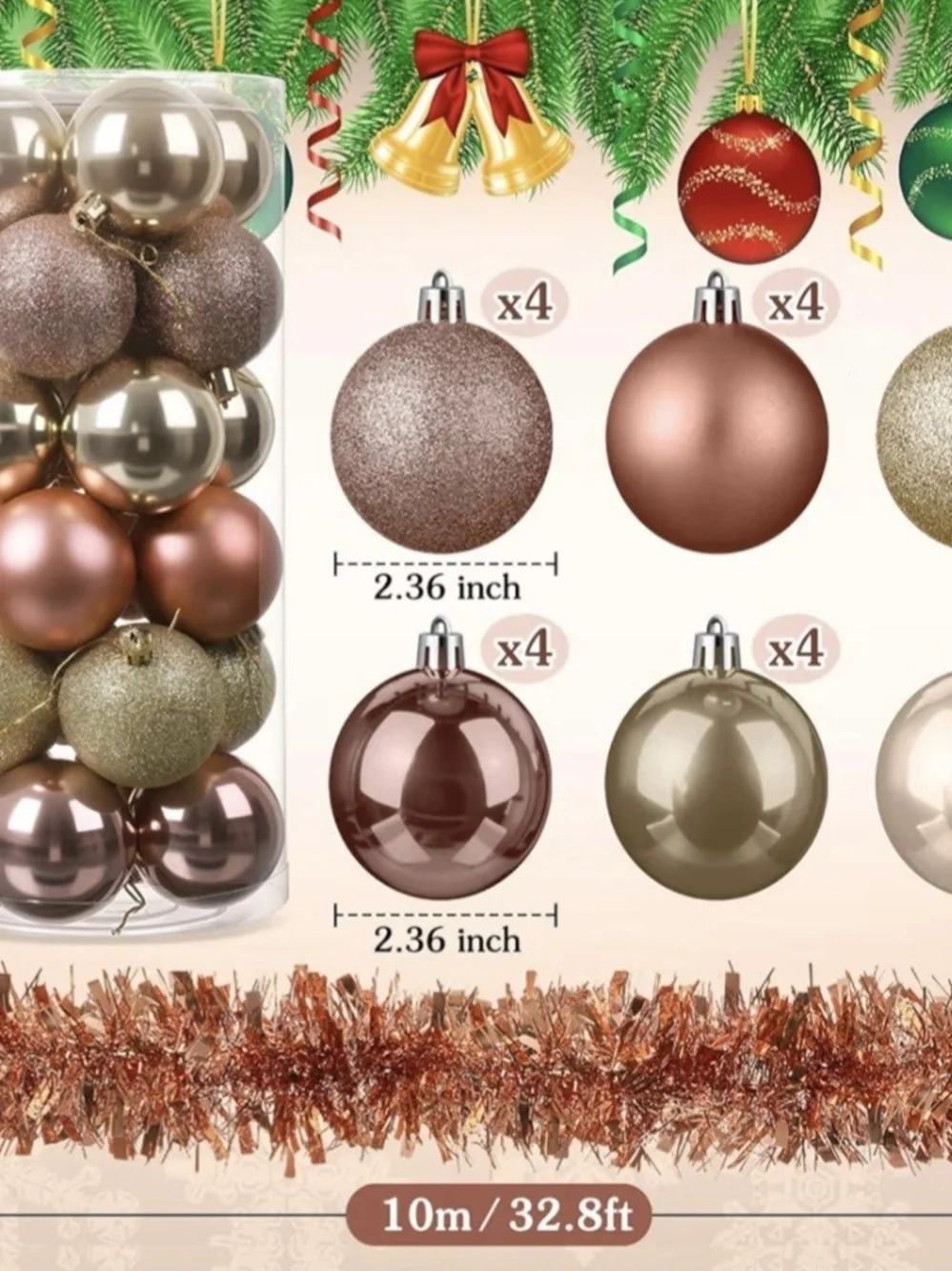 Rose Gold Christmas Tree Tinsel Garland & Ornament Set - Holiday Home Decor. NEW
